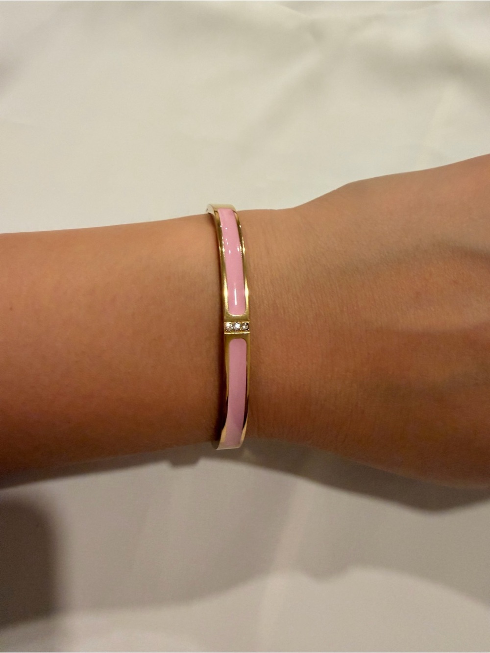 Gold Pink Enamel Hinged Bangle Bracelet - Picture 5 of 9